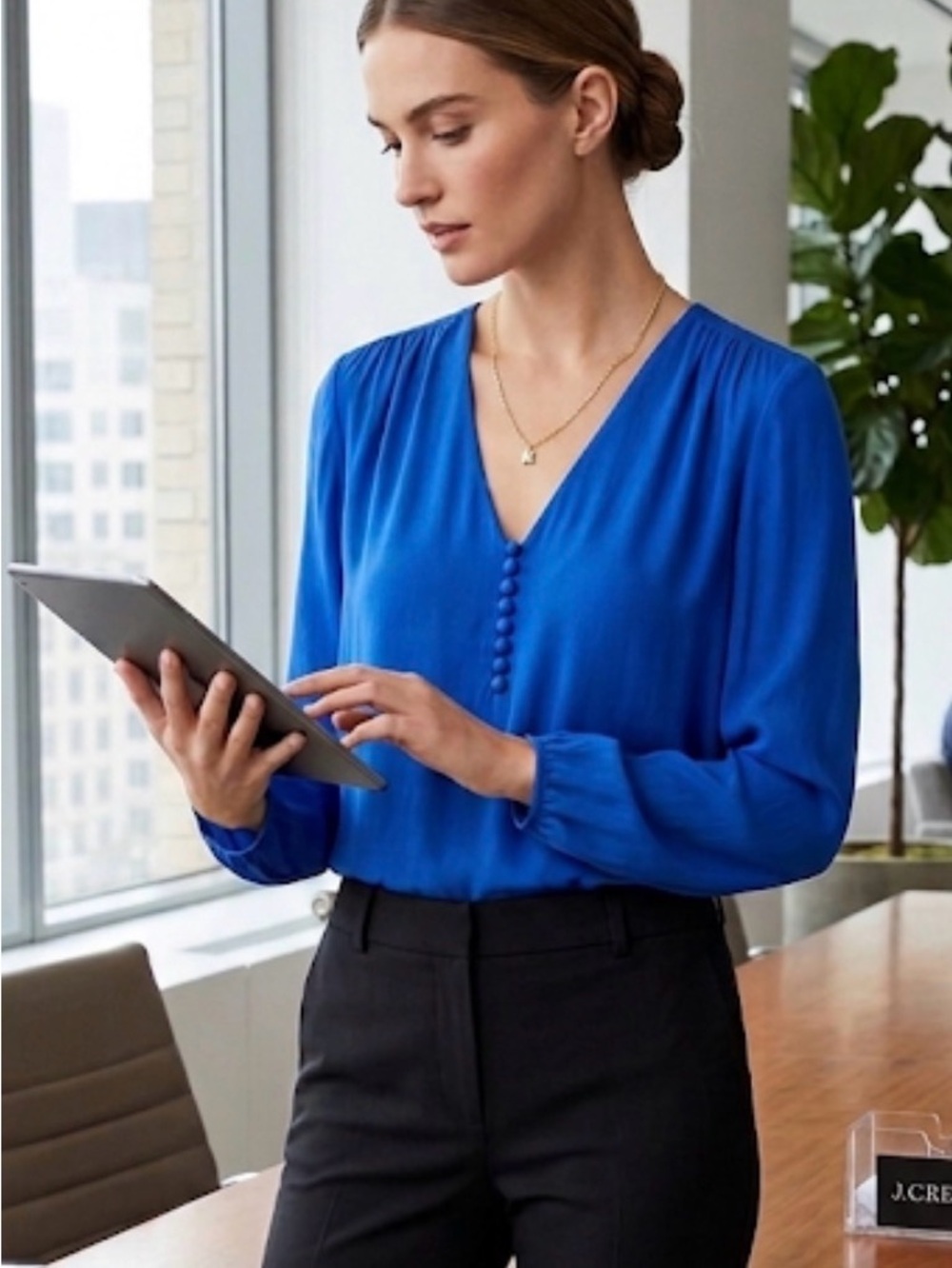J.Crew Sz 0 Silk-Like Button Up Blouse Cobalt Blue Workwear